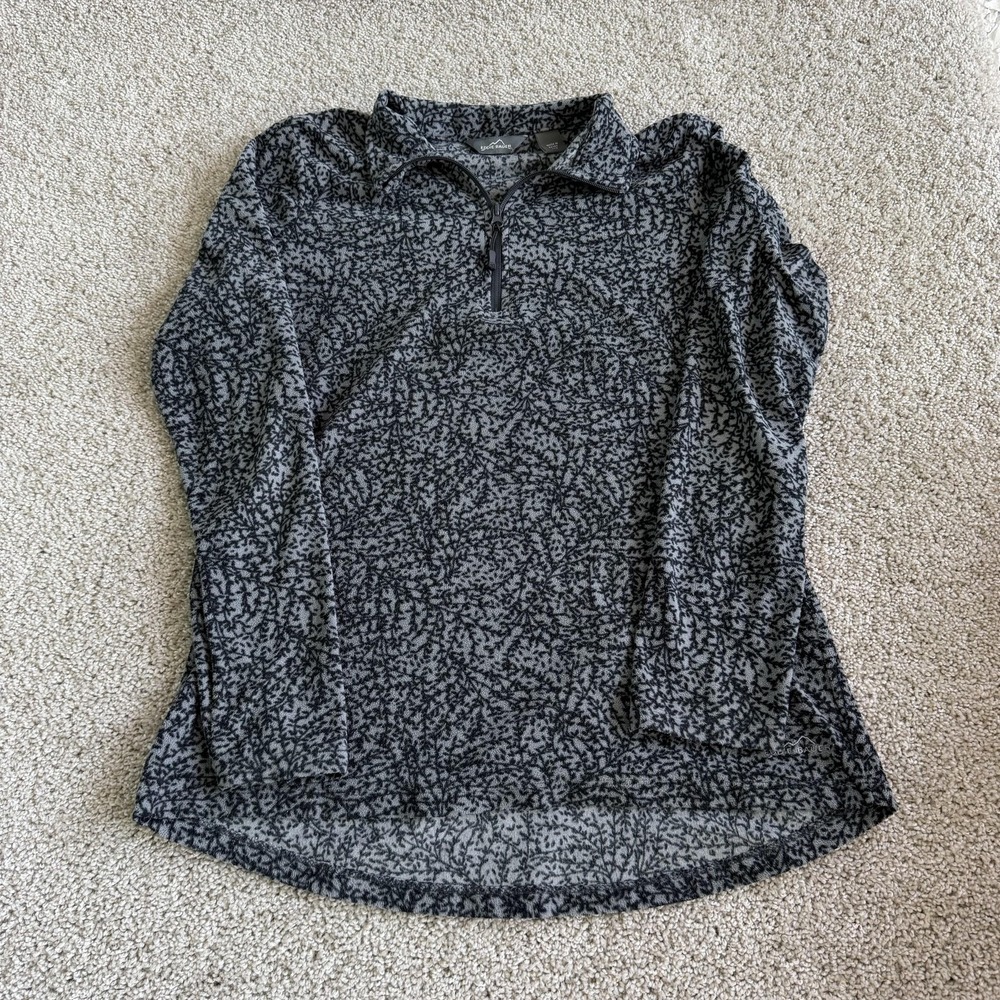 Eddie Bauer Sweater Womens L Gray 1/4 Zip Mock Neck Fleece Floral Pullover